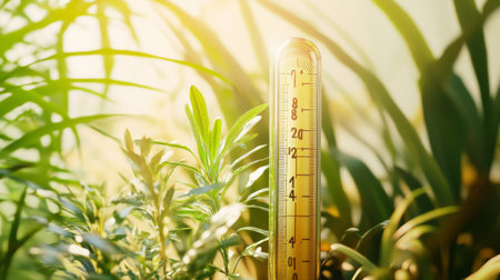 A thermometer showing dangerously high temperatures in a heatwave, surrounded by wilted plants, illustrating the impact of climate change on ecosystems.の素材