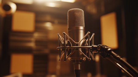 A professional recording microphone in a studio, with acoustic panels behind it, waiting for the next vocal session, set in a warm, cozy environment.の素材
