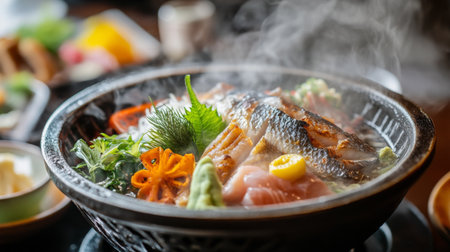 A steaming bowl next to a dish of grilled fish and fresh vegetables, capturing a wholesome and healthy dining experience.の素材