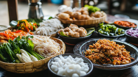 A traditional Thai dish featuring shallots as a key ingredient, beautifully presented on a table with accompanying sides, emphasizing culinary culture.の素材