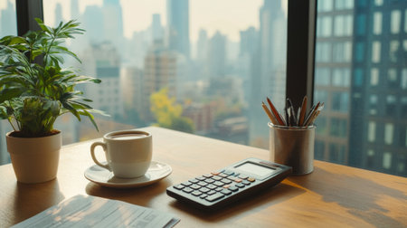 A serene home office scene featuring a calculator, a cup of coffee, and a window view of a city skyline, conveying a calm approach to financial planning.の素材