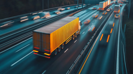 A truck carrying goods on a motorway, with a blurred background of other vehicles, highlighting the importance of logistics and transportation.の素材