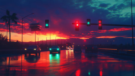A sunset scene featuring a traffic light changing from red to green, casting colorful reflections on nearby vehicles and highlighting the transition of the day.の素材