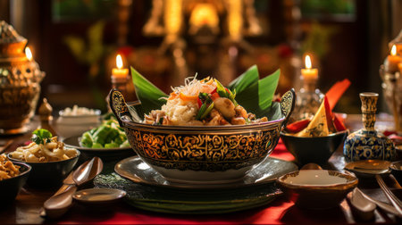An elegant dining setup with a bowl at the center, complemented by traditional Thai decor and utensils, enhancing the cultural experience.の素材