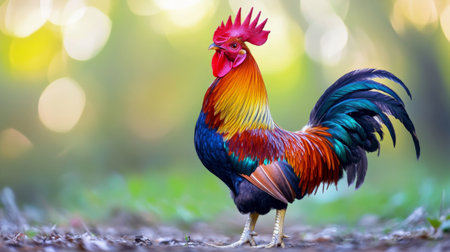 A vibrant rooster with colorful plumage standing proudly in a rural setting, its sharp beak and claws showing the readiness for an upcoming cockfight.の素材