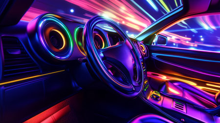 A vibrant scene of a car interior with colorful LED lights illuminating the speakers, emphasizing the dynamic atmosphere of a party on wheels.の素材