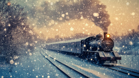 A vintage train traveling through a snowy landscape, with snowflakes gently falling and covering the ground, evoking a sense of nostalgia and winter wonder.の素材