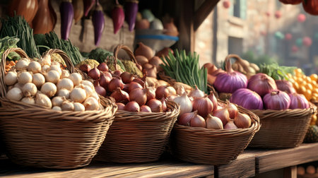 A vibrant farmer market scene featuring baskets of shallots alongside other fresh produce, capturing the essence of local agriculture and seasonal cooking.の素材