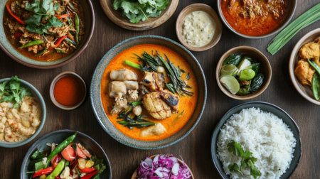 A vibrant plate of paired with a variety of colorful curries and stir-fries, showcasing the harmony of flavors in a traditional Thai meal.の素材
