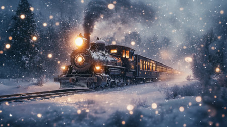 A vintage train traveling through a snowy landscape, with snowflakes gently falling and covering the ground, evoking a sense of nostalgia and winter wonder.の素材