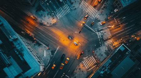 An aerial view of an intersection with multiple traffic lights, capturing the complexity of city traffic and the organized chaos of urban transportation.の素材