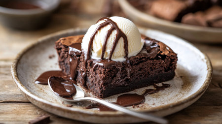 A slice of rich chocolate brownie topped with vanilla ice cream and a drizzle of chocolate sauce, served on a rustic plate with a spoon.の素材