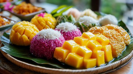 A vibrant display of colorful Thai desserts like mango sticky rice and coconut custard, beautifully arranged on a traditional plate, inviting viewers to indulge.の素材