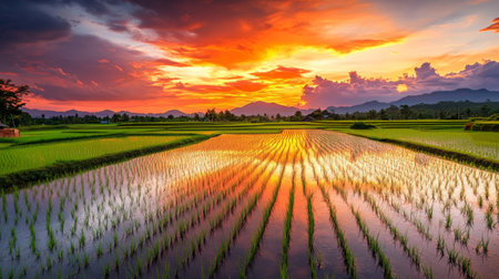 A stunning sunset over a rice field, with the sky painted in shades of orange and pink, reflecting on the water-filled paddies, creating a serene and picturesque landscape.の素材