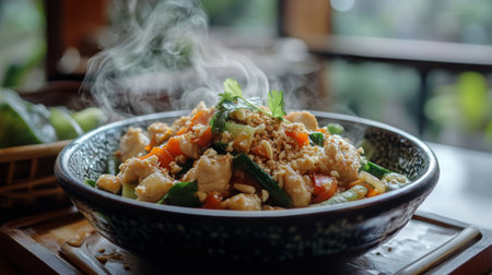 A steaming bowl of served with a side of vibrant stir-fried vegetables and grilled chicken, capturing the essence of a comforting Thai meal.の素材