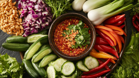 A vibrant spread of various fresh vegetables arranged beautifully alongside a bowl of spicy chili dip, showcasing the colorful ingredients of Thai cuisine.の素材