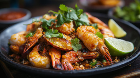 A sizzling plate of crispy fried shellfish served hot, garnished with fresh cilantro and lime wedges, highlighting the delicious textures and flavors of this popular Thai dish.の素材