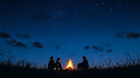 A striking silhouette of a family enjoying a cozy evening around a campfire, highlighting the warmth and togetherness of shared moments under the stars.の素材