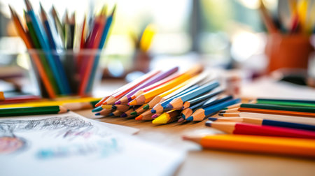 An artist's workspace filled with sketches and a variety of colored pencils, with natural light streaming in, showcasing the beauty of creative expression.の素材