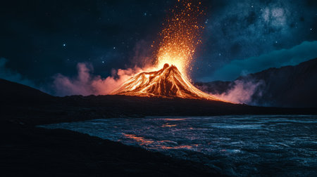 An eerie nighttime shot of a volcano erupting, illuminated by the glow of lava, creating a stark contrast with the dark landscape and starry sky.の素材