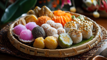 An assortment of Thai sweets, including luk chup (miniature fruits) and foi thong (golden threads), elegantly presented on a bamboo platter for a festive look.の素材