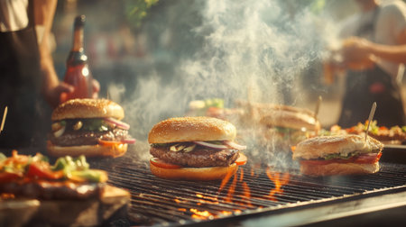 An outdoor barbecue scene featuring sandwiches being grilled to perfection, with smoke rising and guests eagerly waiting for delicious bitesの素材