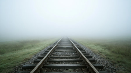 An empty stretch of railroad tracks leading into a foggy landscape, creating a sense of mystery and adventure in the journey ahead.の素材