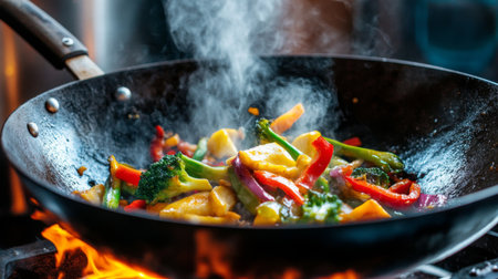 A vibrant stir-fry being cooked in a wok over high heat, with bright colors from the vegetables and a splash of soy sauce, showcasing a delicious Asian dish.の素材