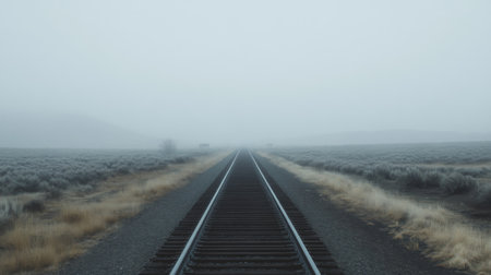 An empty stretch of railroad tracks leading into a foggy landscape, creating a sense of mystery and adventure in the journey ahead.の素材