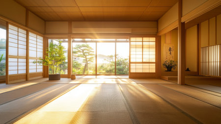 An interior view of a Japanese-style room with tatami mats, shoji screens, and minimalist decor, illustrating the elegance and simplicity of Japanese design.の素材