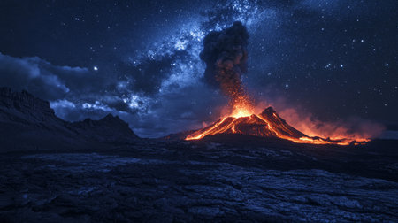 An eerie nighttime shot of a volcano erupting, illuminated by the glow of lava, creating a stark contrast with the dark landscape and starry sky.の素材