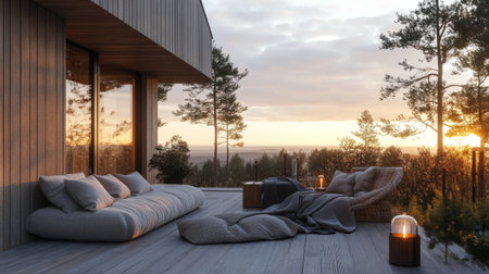 An outdoor terrace of a Scandinavian home, furnished with cozy seating and blankets, perfect for enjoying views of a tranquil landscape or sunsetの素材