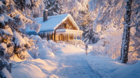An inviting path leading to a snow-covered home, adorned with icicles, creating a picturesque winter scene that beckons visitors to come insideの素材