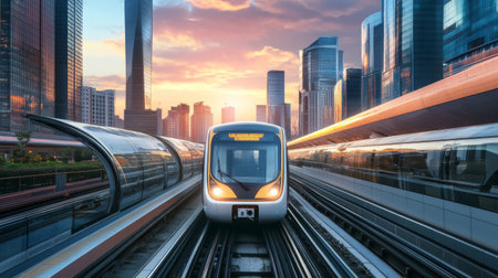 sky trains and mass transportation station with modern building in city backgroundの素材