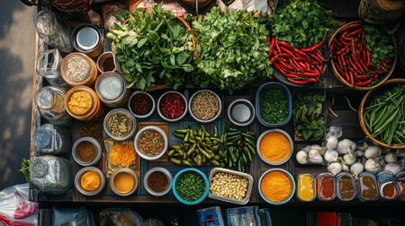 An overhead shot of a traditional Thai market stall filled with fresh herbs, chili peppers, and jars of homemade curry pastes, illustrating local culinary culture.の素材