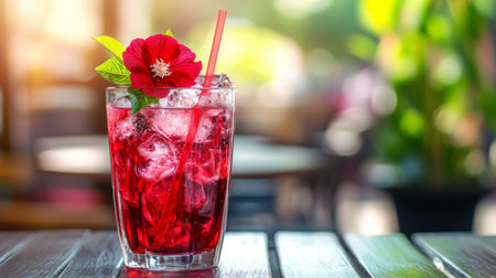 A chilled glass of iced roselle drink with syrup, ice cubes, and a straw, beautifully garnished with a fresh roselle flower, sitting on an outdoorの素材