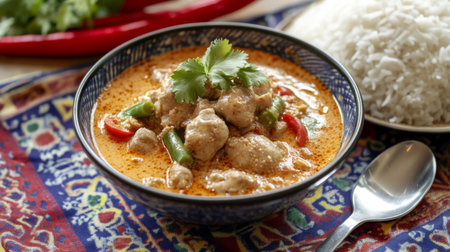 A bowl of served with steamed jasmine rice on the side, beautifully arranged on a colorful tablecloth, emphasizing a delicious Thai meal.の素材