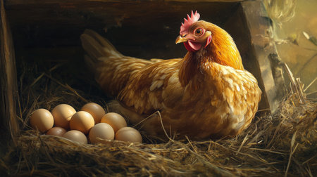 A close-up of a mother hen sitting in her nesting box, gently fluffing her feathers as she tends to her eggs, the soft light creating a peaceful farm atmosphere.の素材