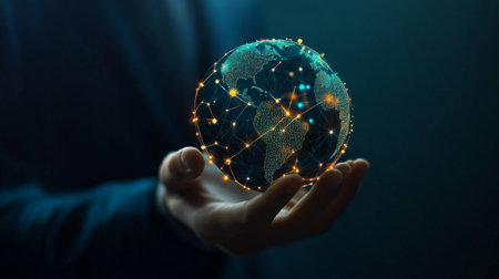 Businessman holding global network connection on social networking and customer data analytics, Business strategy and smart intelligence, digital marketing, Technology and global business.の素材