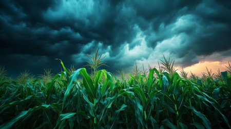 An artistic shot of corn plants against a stormy sky, with dark clouds and dramatic lighting, highlighting the resilience of agriculture in changing weather conditions.の素材