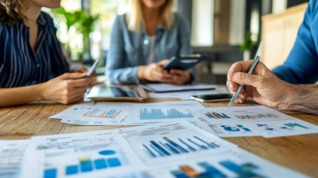 A financial advisor presenting investment options to a couple, with charts and documents spread out on the table, capturing a moment of important decision-making.の素材