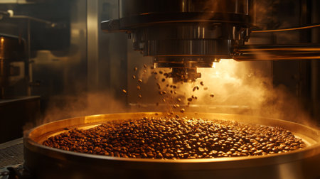 A coffee roaster machine with beans tumbling inside, freshly roasted and glowing under the heat, as the smell of coffee fills the air.の素材