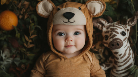 A charming portrait of a baby dressed as an animal for a photoshoot, surrounded by whimsical props, showcasing creativity and cuteness.の素材