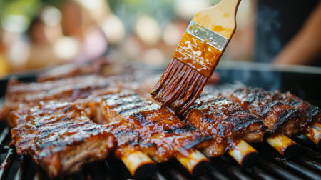 A close-up of grilled pork ribs being brushed with a sweet and spicy glaze, with a background of a busy barbecue setting and friends enjoying the feast.の素材