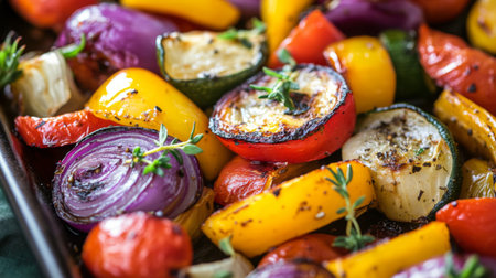 A beautiful platter of roasted vegetables featuring shallots, with colorful hues and fresh herbs, showcasing an appetizing dish ready for a gathering.の素材