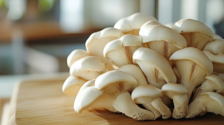 A close-up of fresh mushrooms on a wooden cutting board, showcasing their unique shape and texture, ready for cooking.の素材