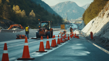 A construction scene on a motorway with workers repairing the road, traffic cones, and machinery, emphasizing infrastructure development and maintenance.の素材
