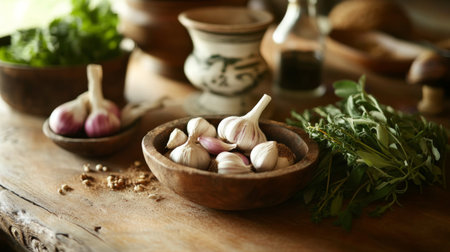 A health-focused arrangement of garlic with herbs and spices on a wooden table, highlighting its health benefits and role in natural remedies.の素材