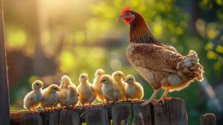 A mother hen perched on a wooden fence, watching over her baby chicks as they explore the farmyard for the first time, with bright sunlight casting shadows.の素材
