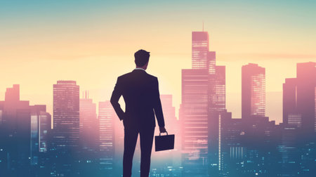 A confident businessman standing in front of a city skyline, holding a briefcase, with a smartphone in hand, representing ambition and success in finance.の素材